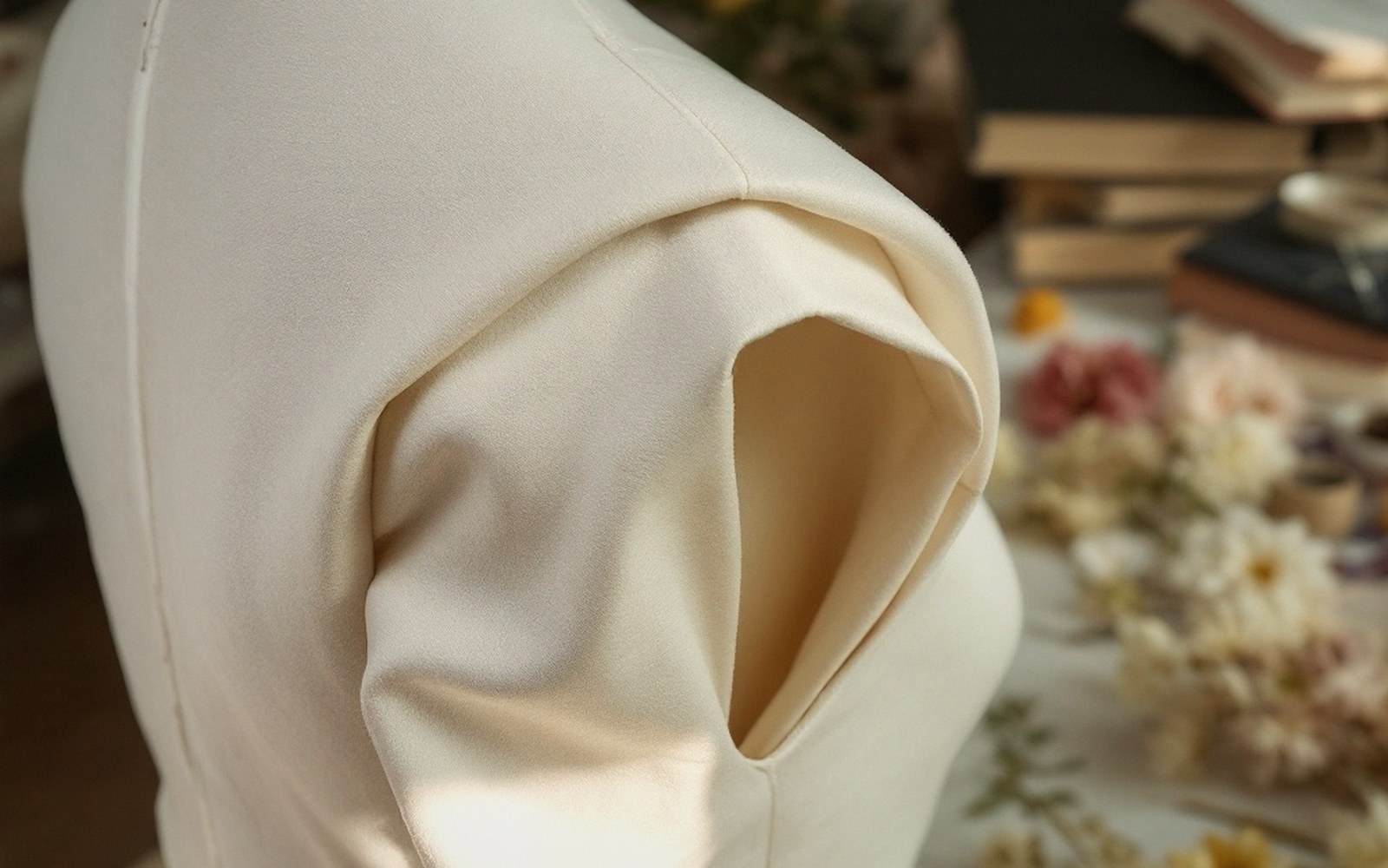 The shoulder and sleeve of an ivory wedding bodice on a stand, dried flowers behind it