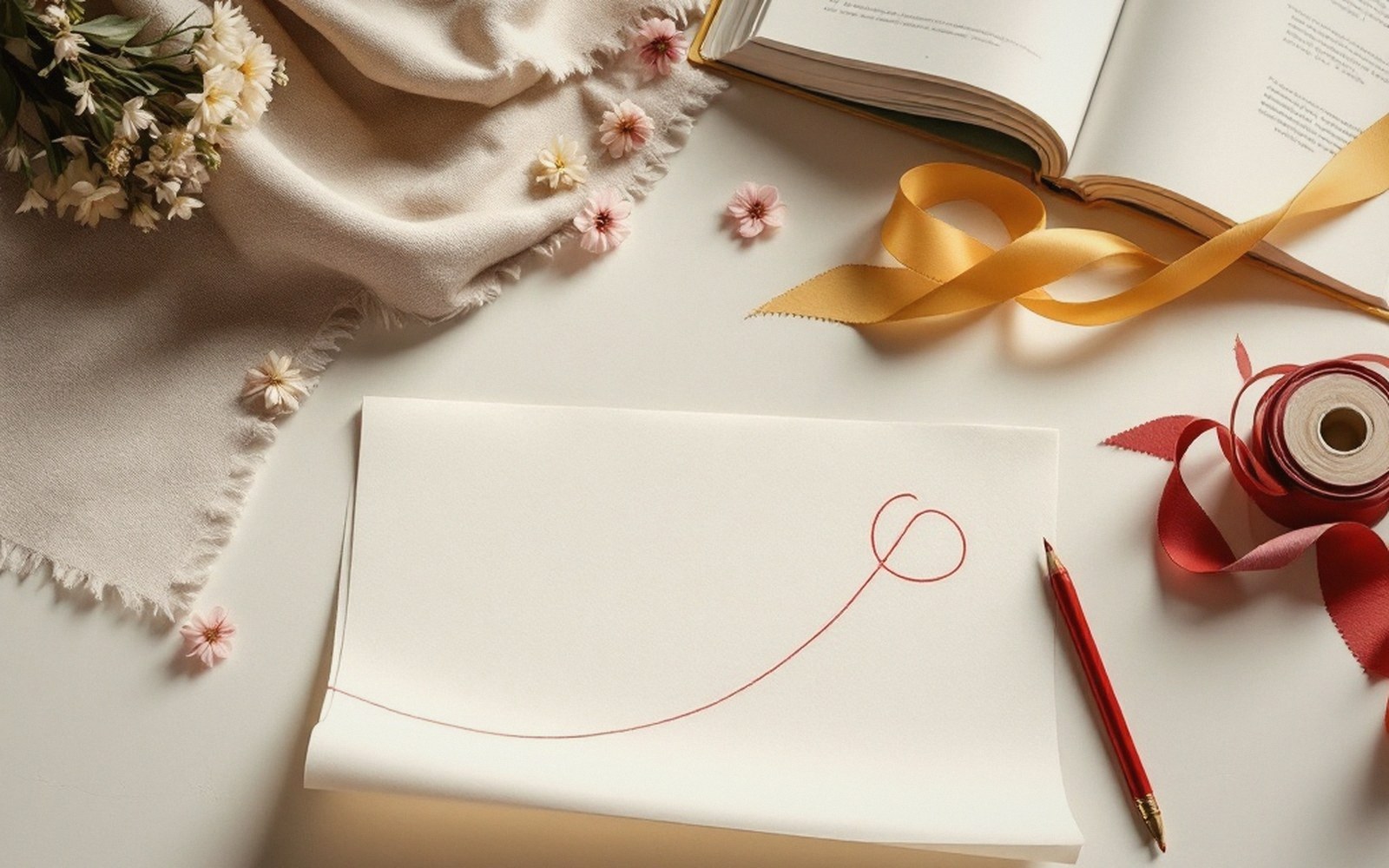 Blank card with a red pen, ribbons, dried flowers and an open book on a table
